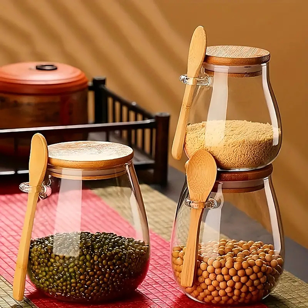 Frascos De Vidrio Con Cuchara Y Tapa De Bambú