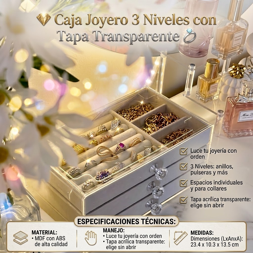 💎 Caja Joyero 3 Niveles con Tapa Transparente 💍