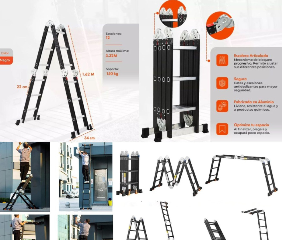👷🏻Escalera Plegable 12 Escalones Gris Con Negro🏡