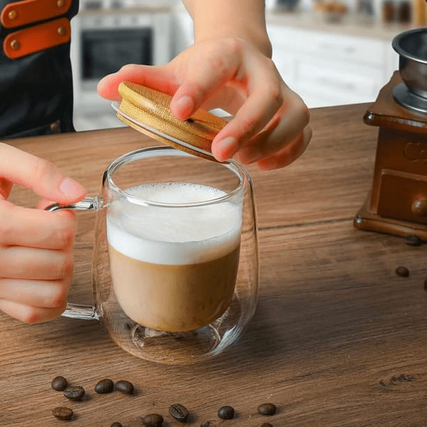 ☕Tazas doble fondo con tapa de bambu🍹